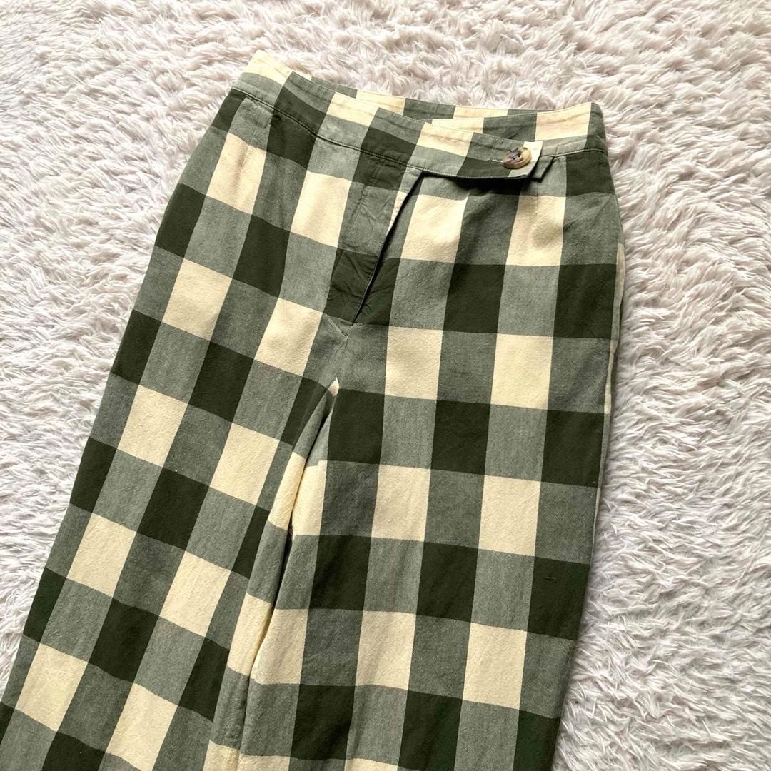 アカネウツノミヤ AKANE UTSUNOMIYA ロングパンツ ワイドパンツ チェック コットン グリーン イエロー 36サイズ