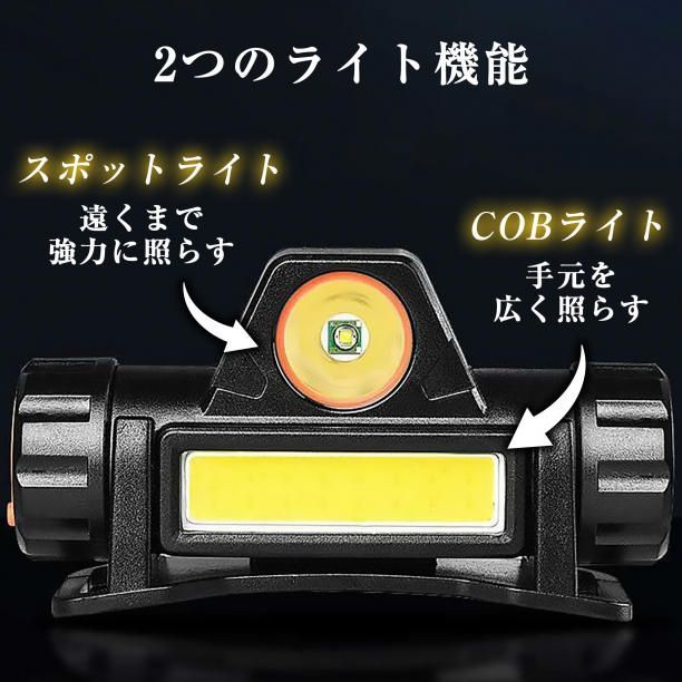 LED ヘッドライト COB 投光器 ランプ 2個 USB 充電式 懐中電灯