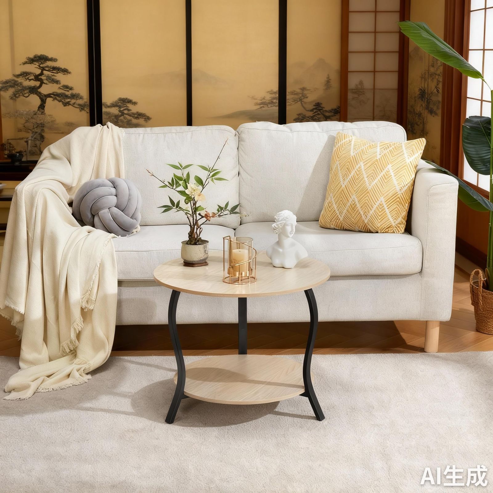 ZEXVIDA コーヒーテーブル 丸型 ローテーブル 幅58×奥行58×高さ48.3cm 2段 リビングサイドテーブル ちゃぶ台 木目調 オーク MARWIL-DEMENAGEMENTS_CH