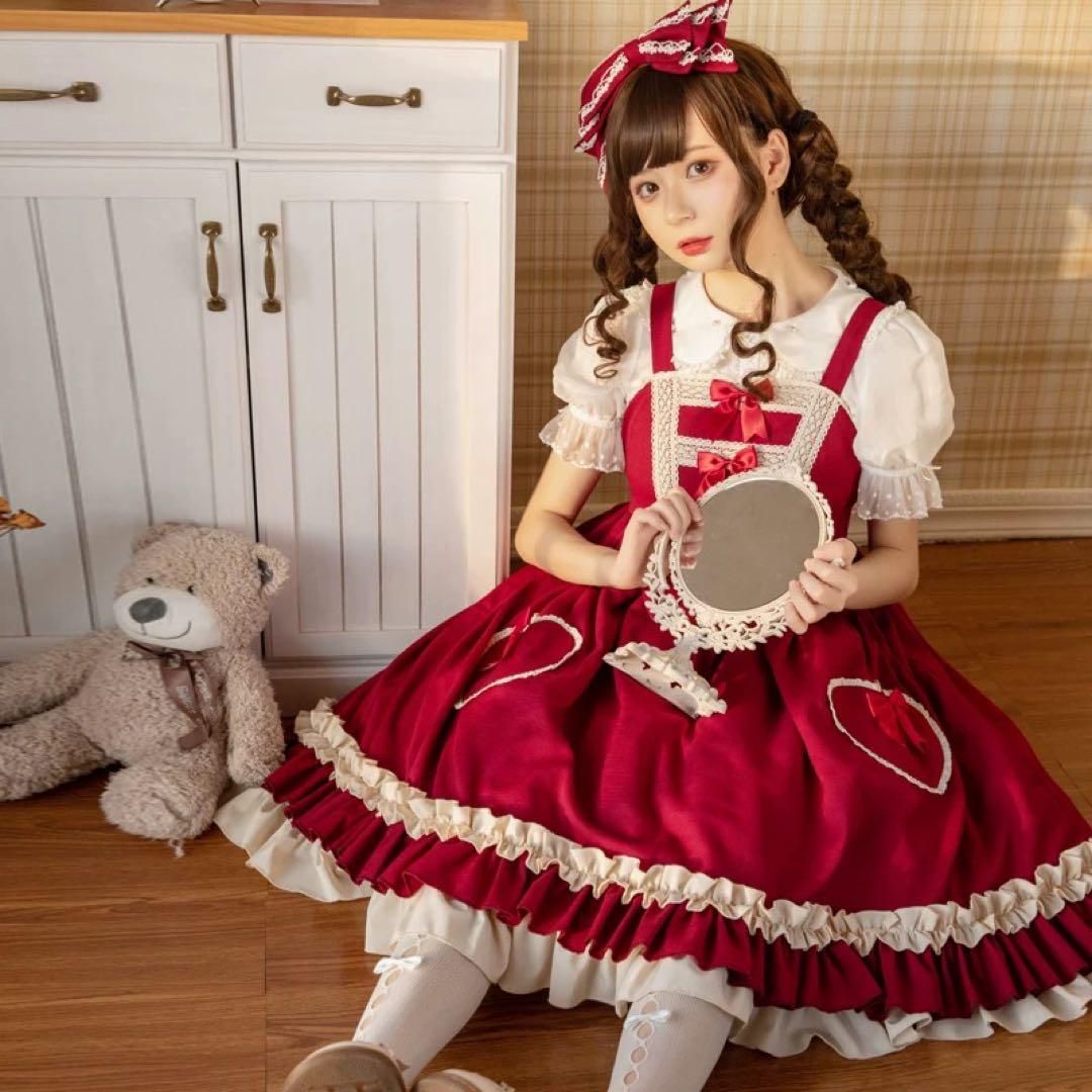 赤ハートポケットJSK♪ベージュ×リボン 甘ロリ♪♪
