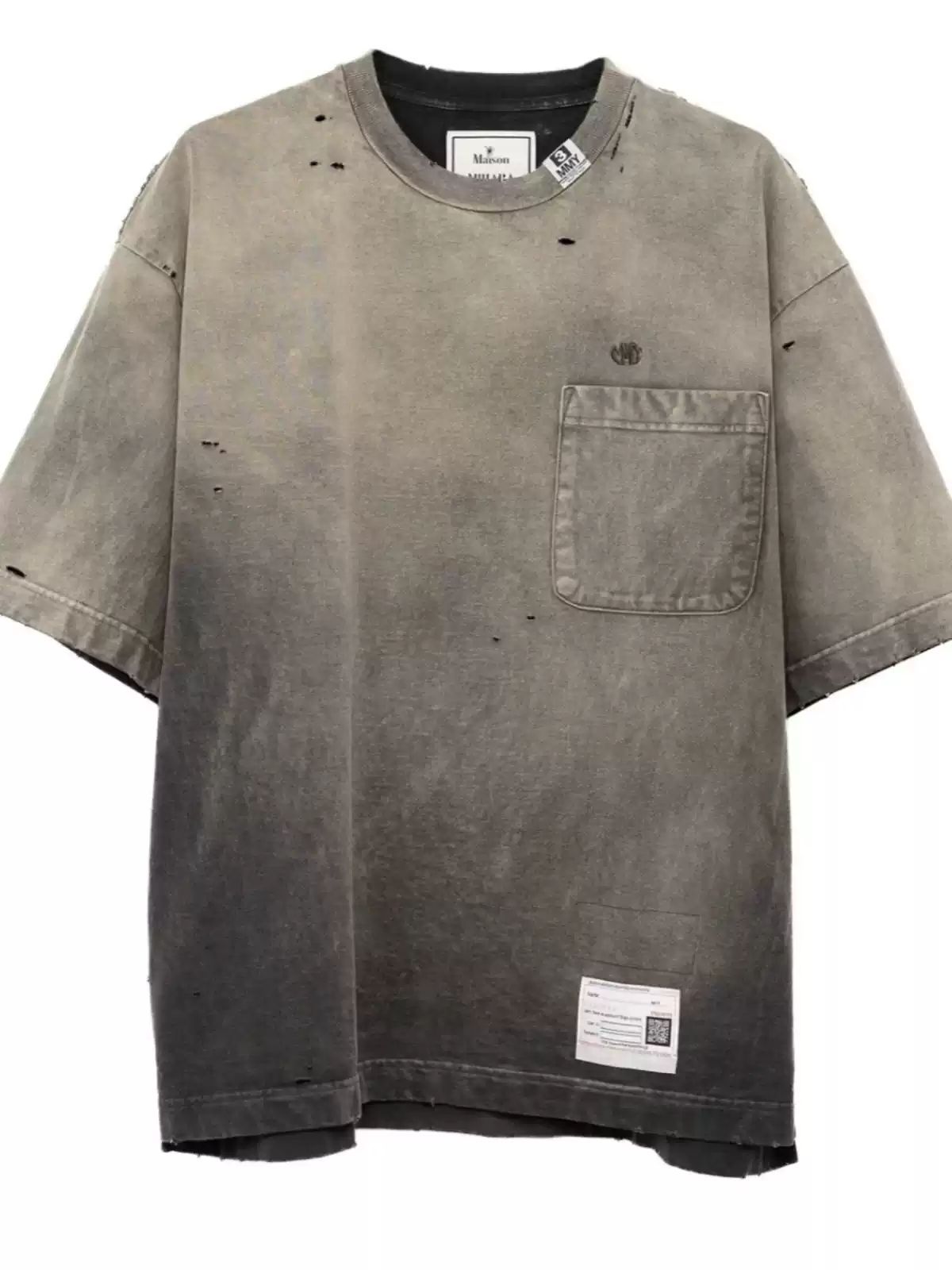 MIHARA YASUHIRO ラウンドネック グラデーション ウォッシュ加工 ダメージ ショートスリーブTシャツ