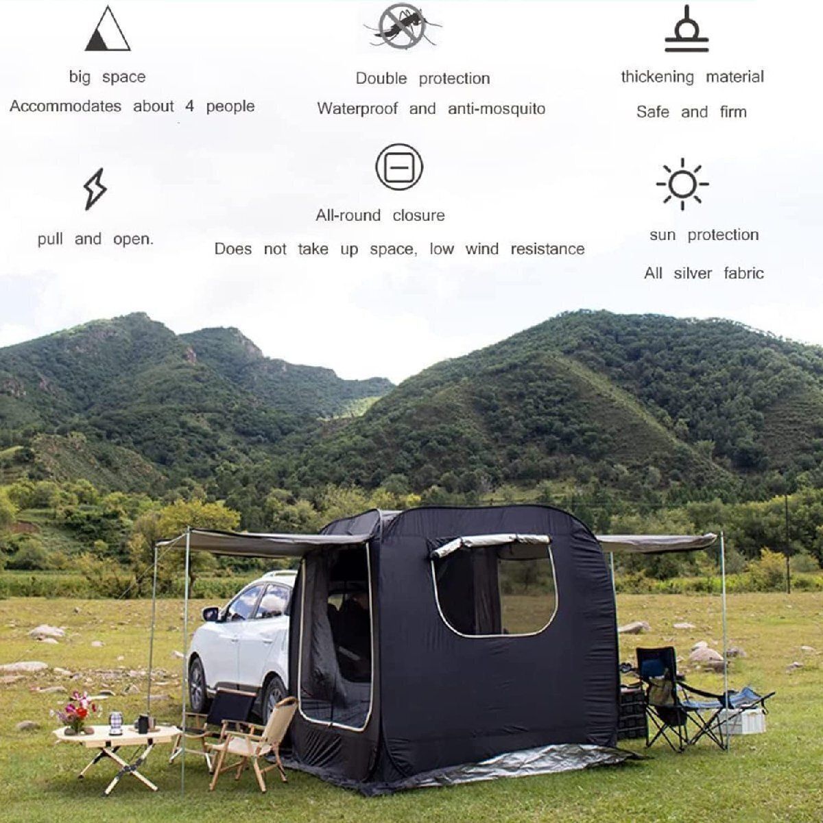 高品質 車中泊 サンシェード キャンプ用品 車用タープ カーテント テント 4シーズン アウトドア 組立簡単 持ち運び便利防水 ソロ 広い