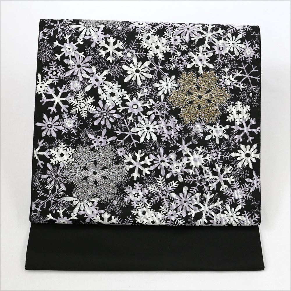 クリスマス 新品 仕立済 西陣織 名古屋帯 黒地 雪の結晶