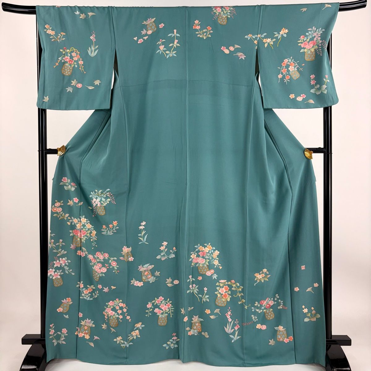 付下げ 身丈165cm 裄丈69cm L 袷 落款 花籠 草花 金彩 青緑 正絹