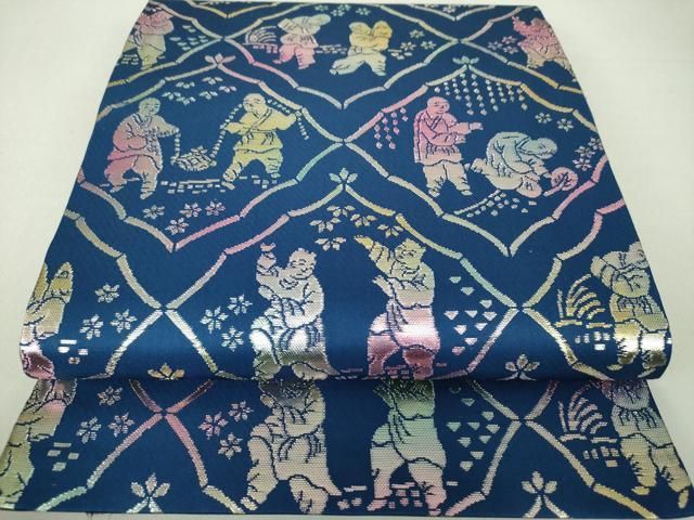 たつむら　龍村美術織物　名古屋帯　雲　紗綾形　鹿の子　金糸　着物　022 a d 平和屋着物○龍村美術織物 たつむら 九寸開き名古屋帯 螺鈿唐子