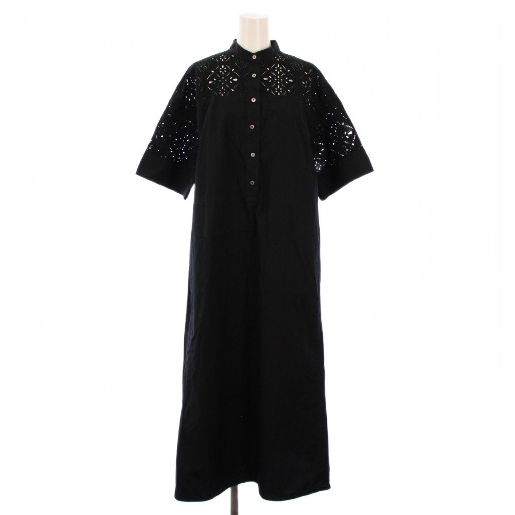 ティッカ TICCA シャツワンピース ミモレ ロング 半袖 バンドカラー カットワーク 刺繍 ワンカラー F 黒 ブラック |BB