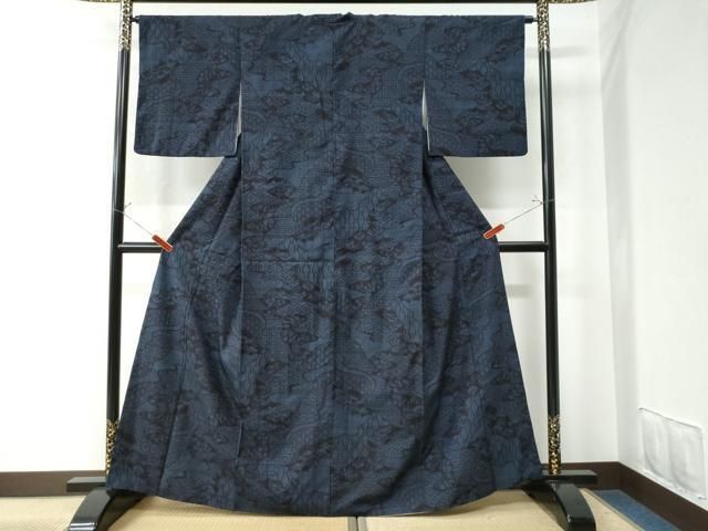 k-5985 結城紬 80亀甲 蝶の絣 正絹 袷 着物 sr298_1.jpg