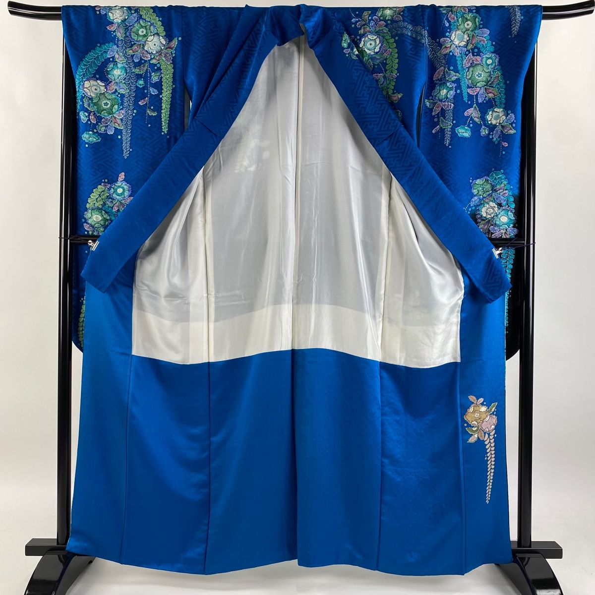 ち★美品★ 振袖&長襦袢セット　正絹　織柄無地　花紋刺繍　身丈162センチ 振袖 身丈162cm 裄丈68cm L 袷 袋帯フルセット 辻が花柄 金彩