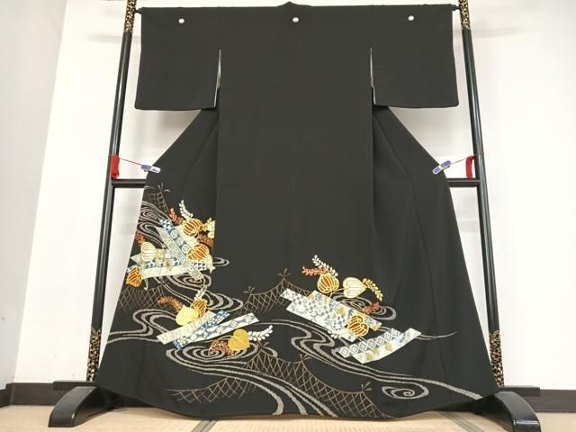 平和屋着物●創業460年 千總 黒留袖 駒刺繍 流水花文 金糸 金彩 小田急百貨店扱い 正絹 AABB0262zg
