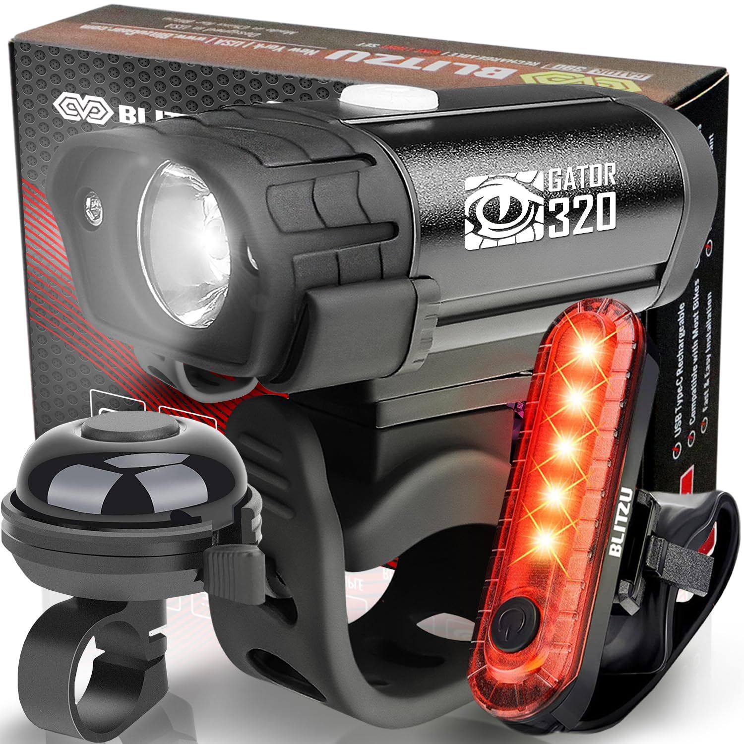 BLITZU Gator 320 USB Rechargeable Bike Light Set Powerful Lumens Bicycle Headlight Free Tail Light, LED Front and Back Rear Light