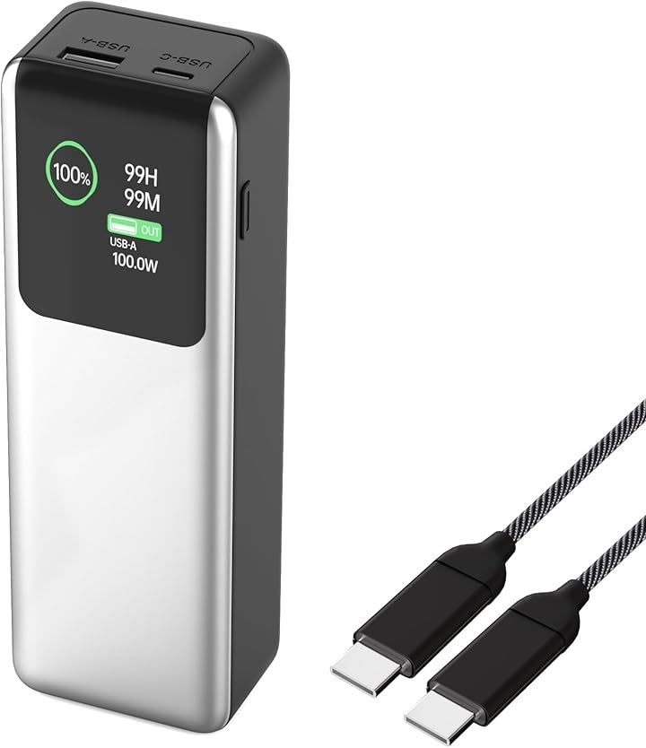 AHEHO 互換品27000mAh 大容量モバイルバッテリー 超充電力 PD100w 急速充電技術 2ポート付きType-C入出力＆USB出力ポート付き2台同時充電可能 LCDデジタル残量表示 ケーブル付き コンパクト小型(シル