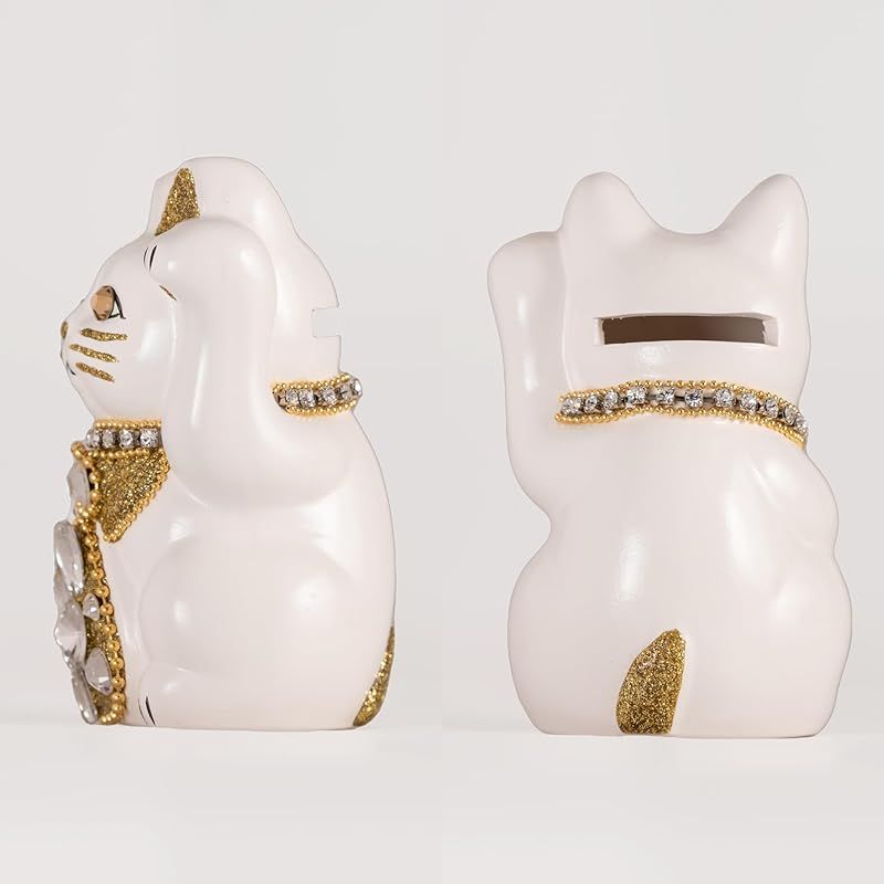 ご縁猫 ジュエリーキャット(S-SIZE 白 White）左手あげ/陶器