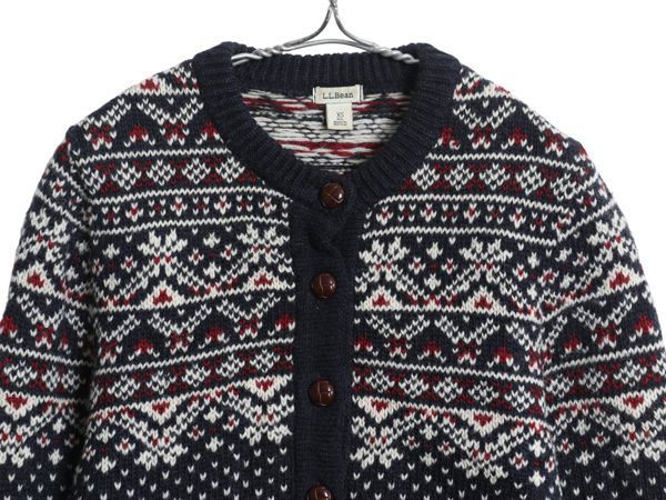 ノルウェー製 エルエルビーン 総柄 ニット カーディガン レディース XS ウール セーター 前開き 羽織り バーズアイ ノルディック ネイビー