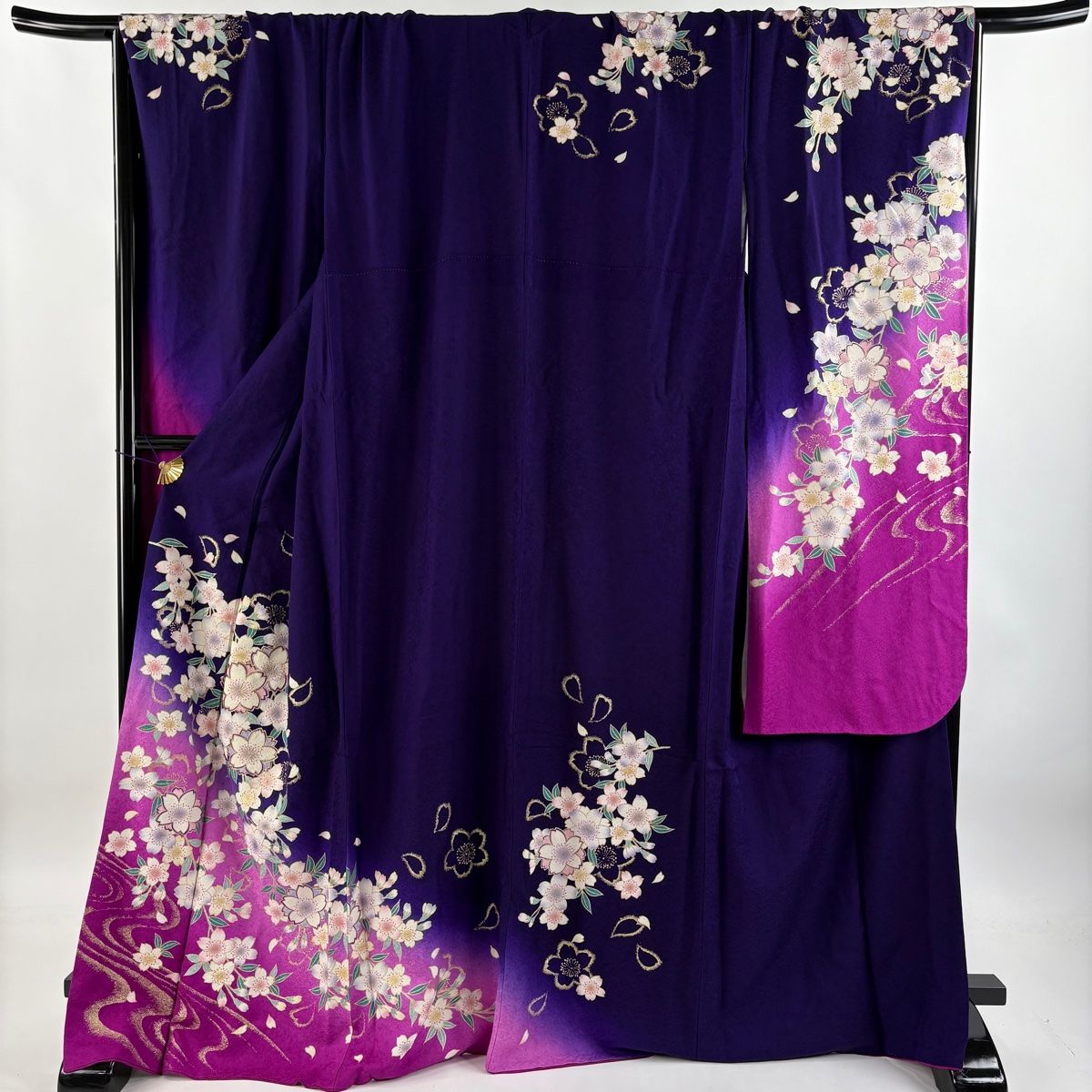 振袖 身丈168cm 裄丈70.5cm L 袷 桜 流水 金彩 染め分け 濃紫 正絹 名品