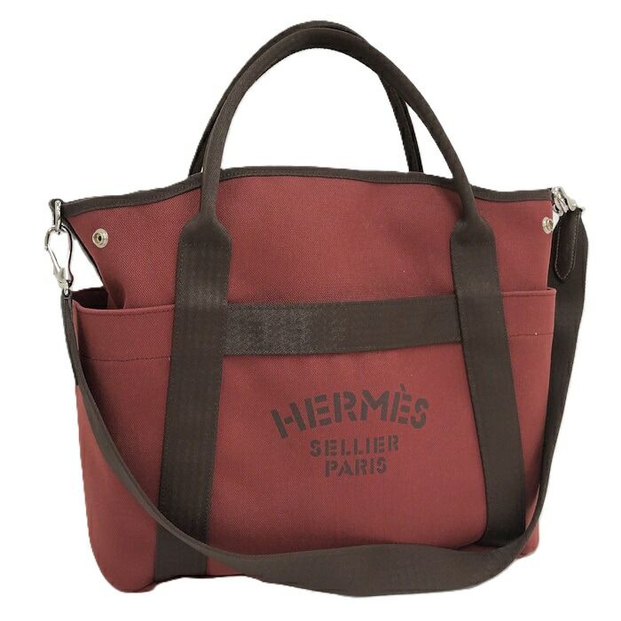 HERMES サックドパンサージュ 2WAYハンドバッグ キャンバス レッド系 B刻印