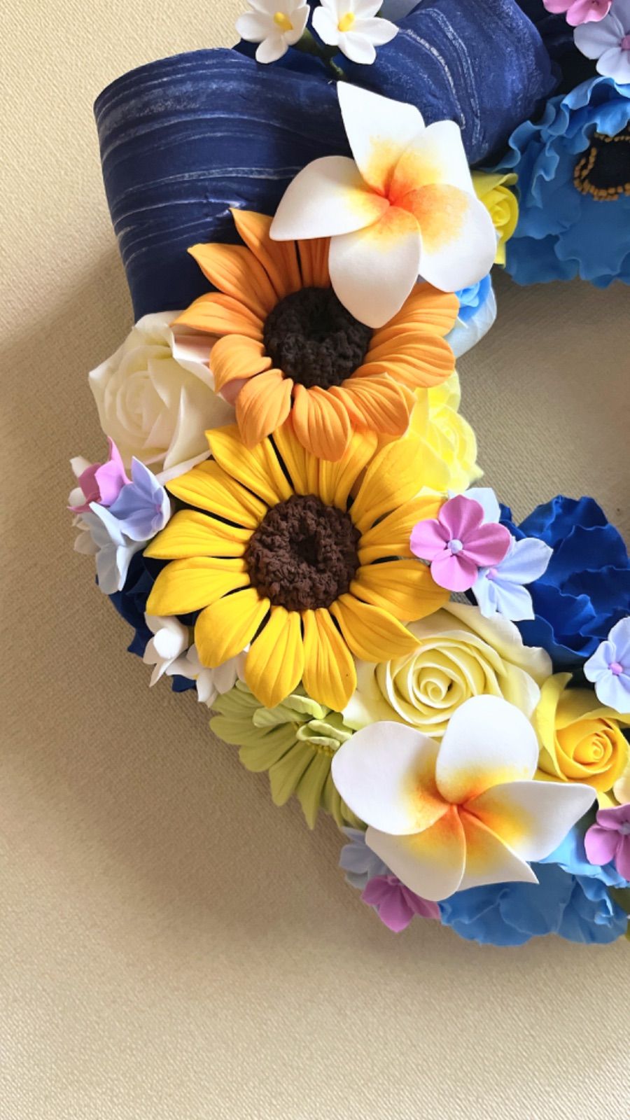 【専用となりました】クレイフラワー❁フラワーリース特大❁鳥❁ハンドメイド 専用となりました】クレイフラワー❁フラワーリース特大❁鳥