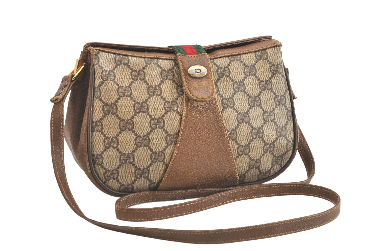 GUCCI グッチ ウェブ シェリーライン ショルダーバッグ GGピーブイシー レザー ブラウン ジャンク 2776N