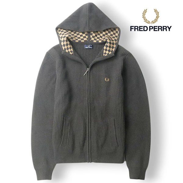 美品 FRED PERRY フレッドペリー ウール100％ 厚手リブニット 刺繍ロゴ  ジップアップ ニットパーカ グレー M【参考価格￥29，700-】