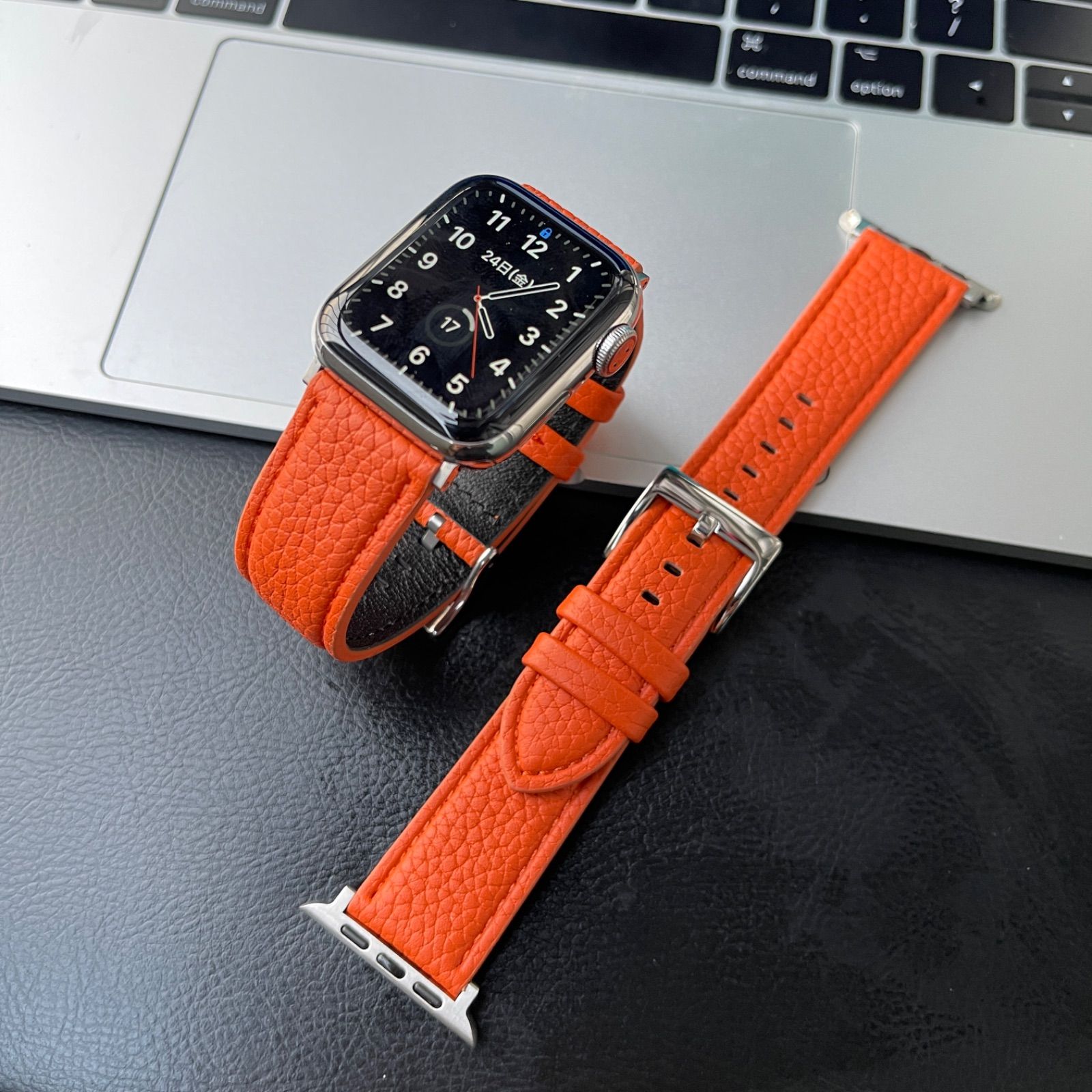 爆売り Apple Watch オレンジ バンド 本革 レザー スリムベルト 橙