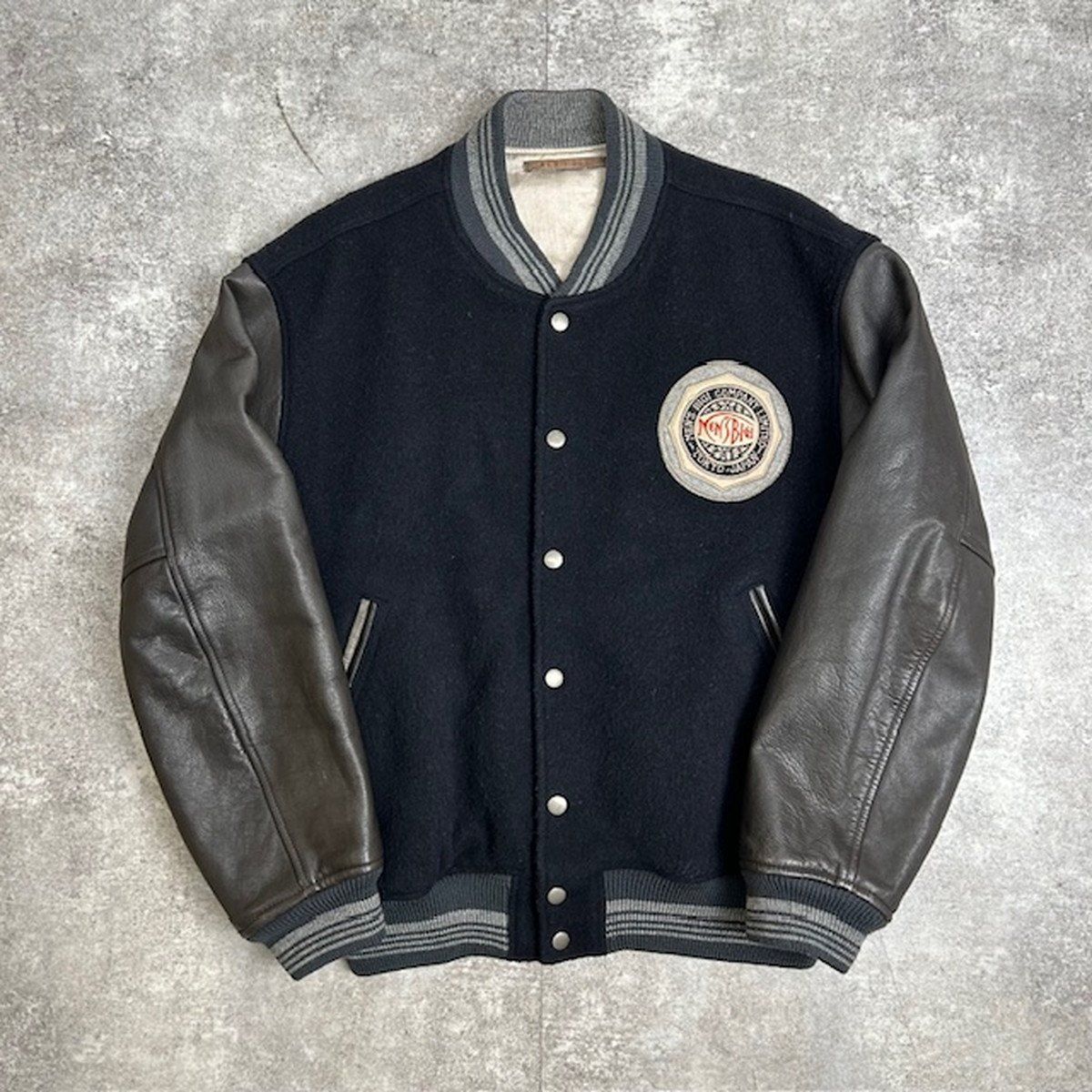 希少 メンズ BIGI スタジャン 刺繍 ウール レザー 黒 L メンズビギ MEN'S BIGI 【1983年復刻デザイン】Super140 ウール