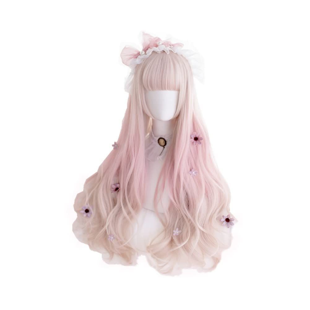 Akixen レディース かつら ロリータ ロング カール ピンク ウィッグ ピンクのグラデーション 原宿風 小顔 耐熱性 コスプレ ヘアネット ファッション イベント ハロウイン 変装 仮装 お祭り シ