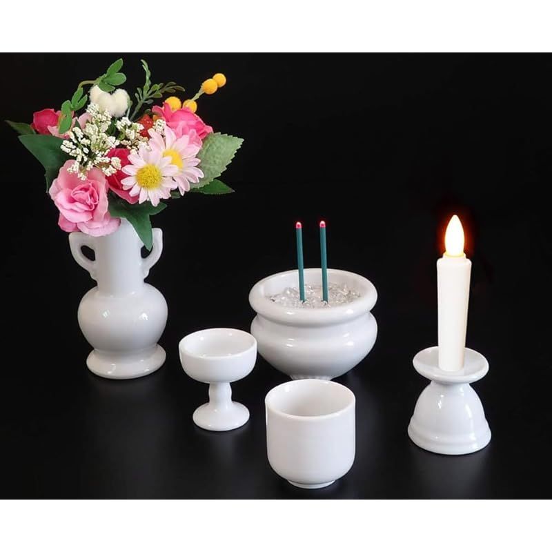 花蓮 国産陶器仏具 天空 5点 タイマー式LED組合せ 光が揺らぐ LEDろうそく LED線香 仏花 3A天然水晶つぶ付き 10分自動消灯 白無地 1