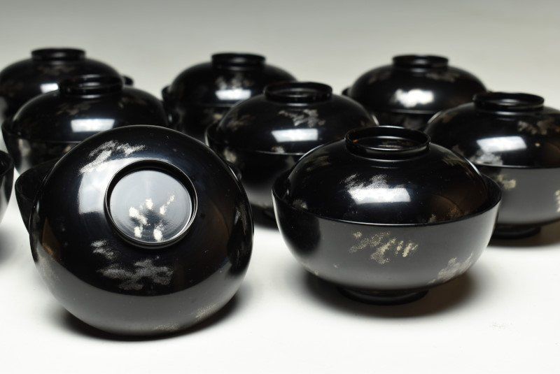 蔵C9885d 金剛石目塗 鳥羽硬忍 吸物椀 汁椀 十客 共箱 無形文化財