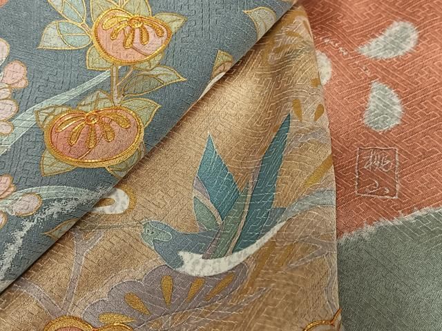 平和屋着物●訪問着　作家物　桃山　駒刺繍　花鳥文　暈し染め　金彩　正絹　逸品　AAAZ0264zg 平和屋着物○訪問着 作家物 桃山 駒刺繍 花鳥文 暈し染め 金彩 正絹