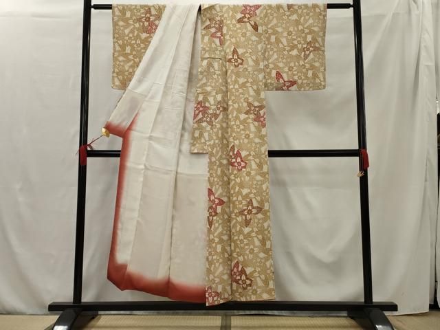 平和屋着物□上質な小紋 型染め 舞蝶文 鬼しぼ縮緬 正絹 逸品  