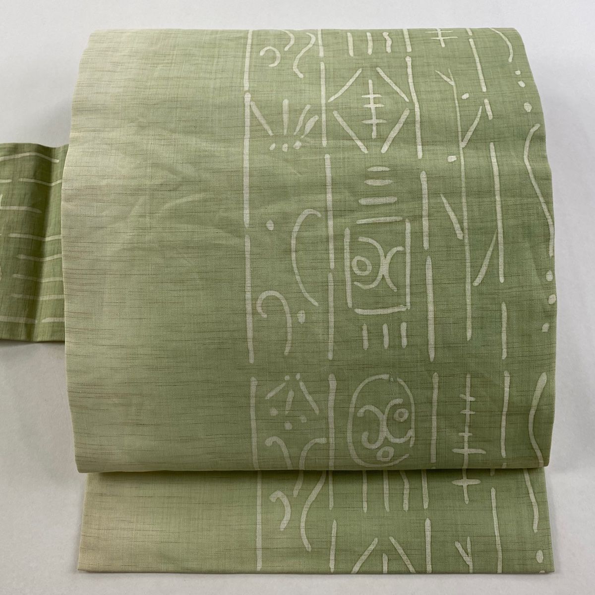 名古屋帯 秀品 夏帯 幾何学模様 縞模様 薄緑 正絹