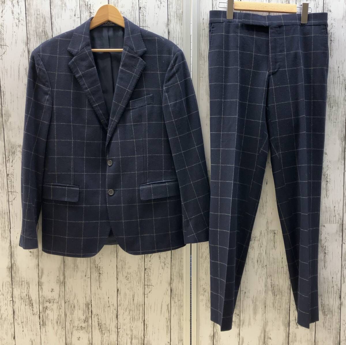POLO RALPH LAUREN ポロ ラルフローレン セットアップ チェック柄 ウール テーラードジャケット イタリア製 メンズ 38s ネイビー