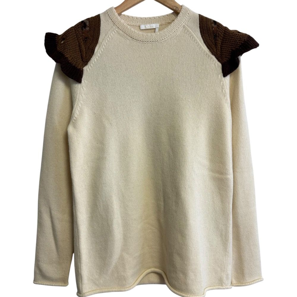 美品 21AW Chloe クロエ 長袖 カシミヤ バタフライ クルーネック ニット セーター S アイボリー×ブラウン レディース 古着 中古 美品 21AW Chloe クロエ 長袖 カシミヤ バタフライ クルーネック