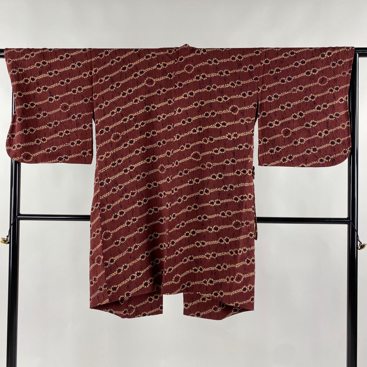 道中着 身丈98cm 裄丈67.5cm L 和装コート 幾何学 斜縞 絞り 赤茶 正絹