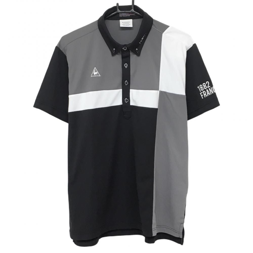 ルコック 半袖ポロシャツ 黒×グレー ブロック切替柄 ボタンダウン 刺しゅう  メンズ LL ゴルフウェア le coq sportif