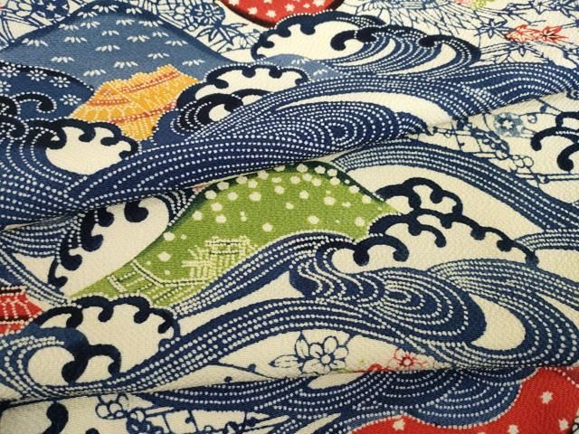 平和屋着物●紅型 小紋 立波風景文 正絹 AABC6124ck