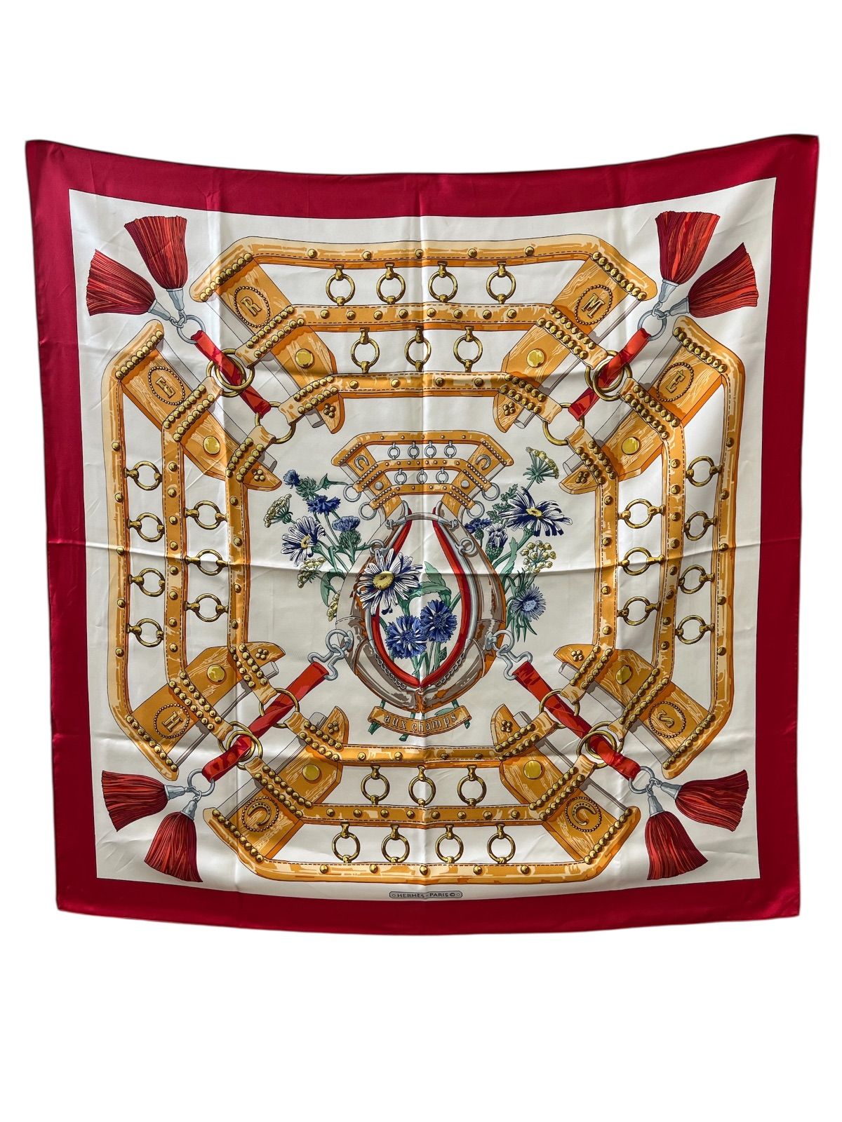 Hermès エルメス カレ90 AUX CHAMPS フィールドへ スカーフ 赤