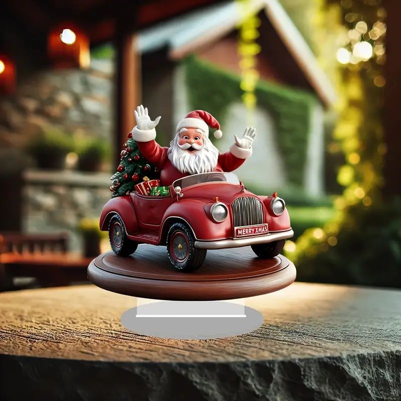クリスマスサンタ2Dアクリルオーナメント魅力的なサンタクロースが運転する車のアクリルデスクデコレーション - 家庭、オフィス、またはカフェに最適 | エレガントな部屋のアクセント | 