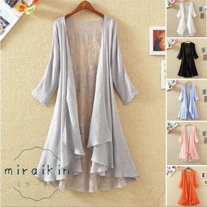 ロングカーディガン レディース レース UVカット 紫外線対策 冷房対策 前開き 夏 シフォン 大きいサイズ リゾート フ 薄手 上着 おしゃれ 羽織り