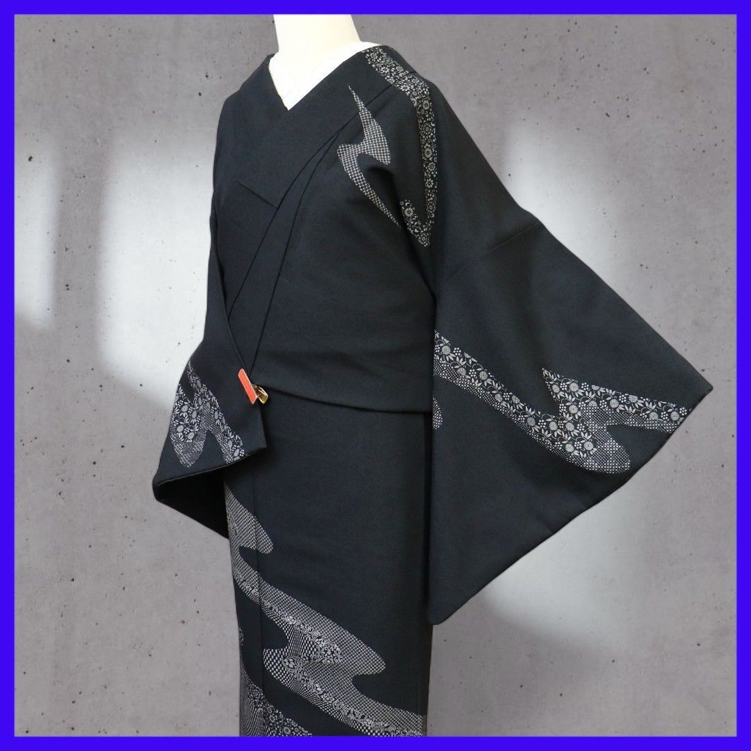 三日月とうさぎ a0109 洗える着物 袷付下げ モノトーン 道長取り