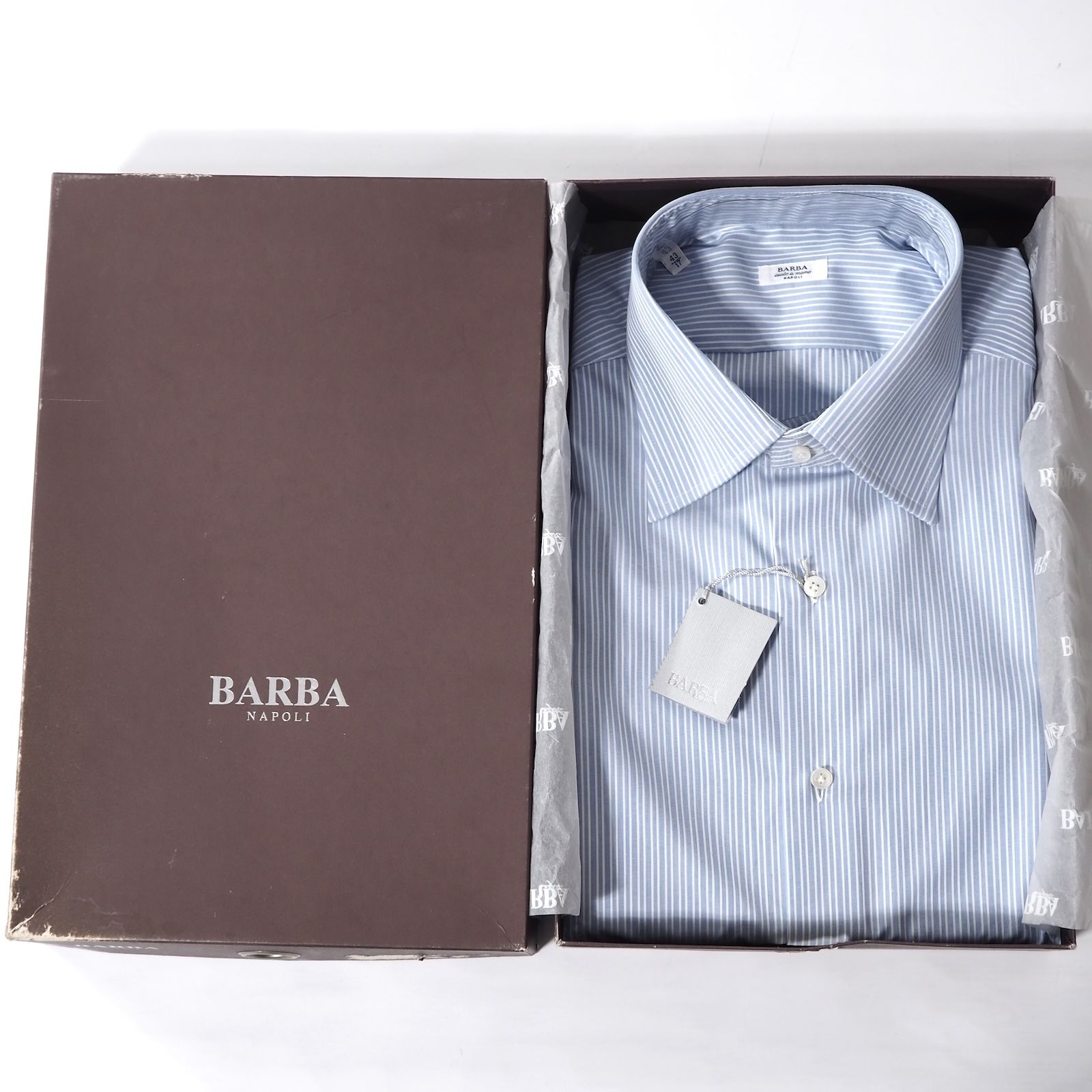 バルバ BARBA コットン 長袖 ストライプ シャツ 43 ライトブルー メンズ 5-SD005