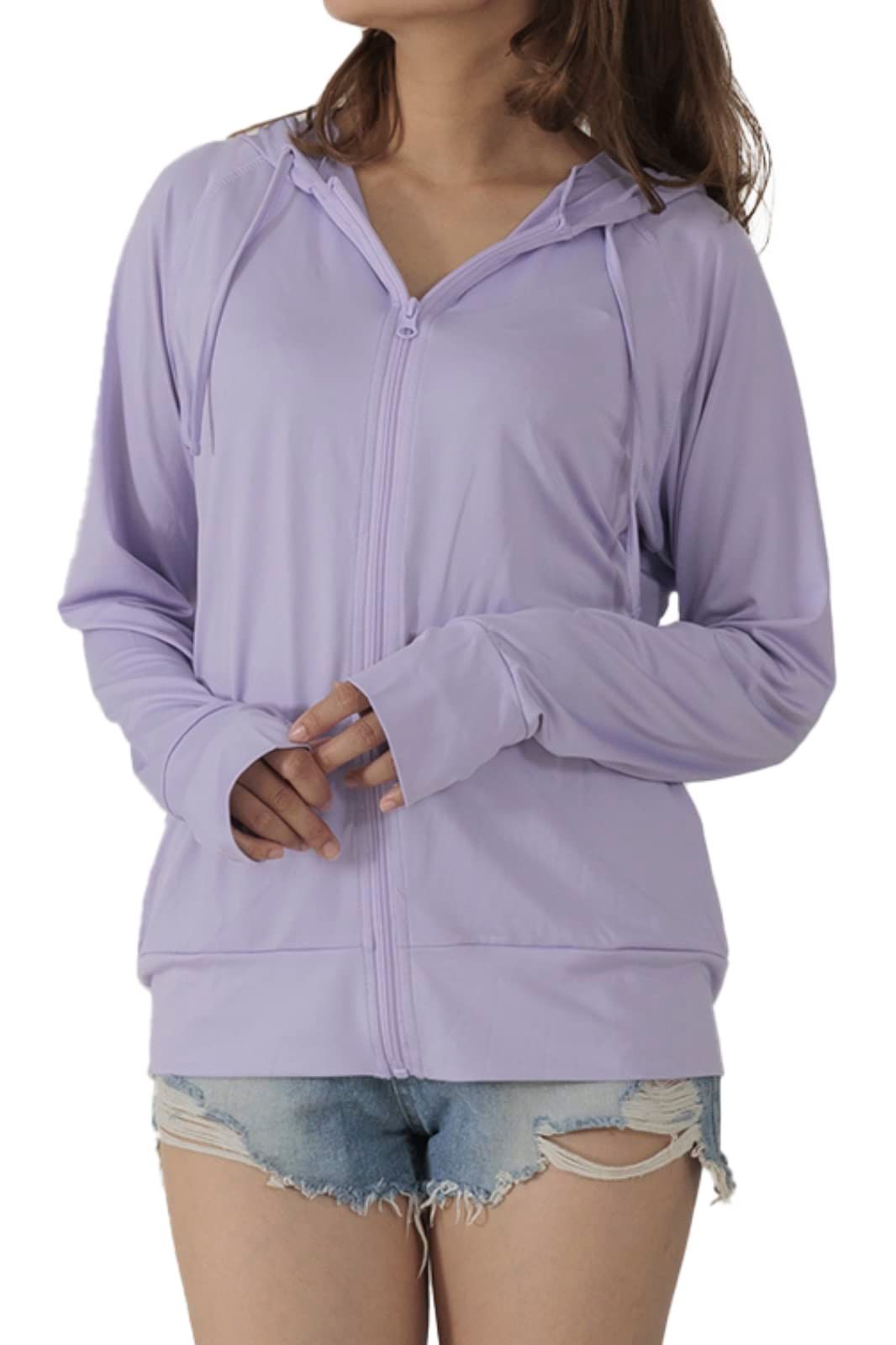 [MORE AUNI] ラッシュガード レディース 水着 体型カバー UPF50+ 接触冷感 Q-max 98% uvカット 夏 パーカー 日焼け 止め 防止 暑さ対策グッズ 長袖 指穴付き ゴルフ テニス キャンプ ウ [ラベンダー / 8211] [LL]