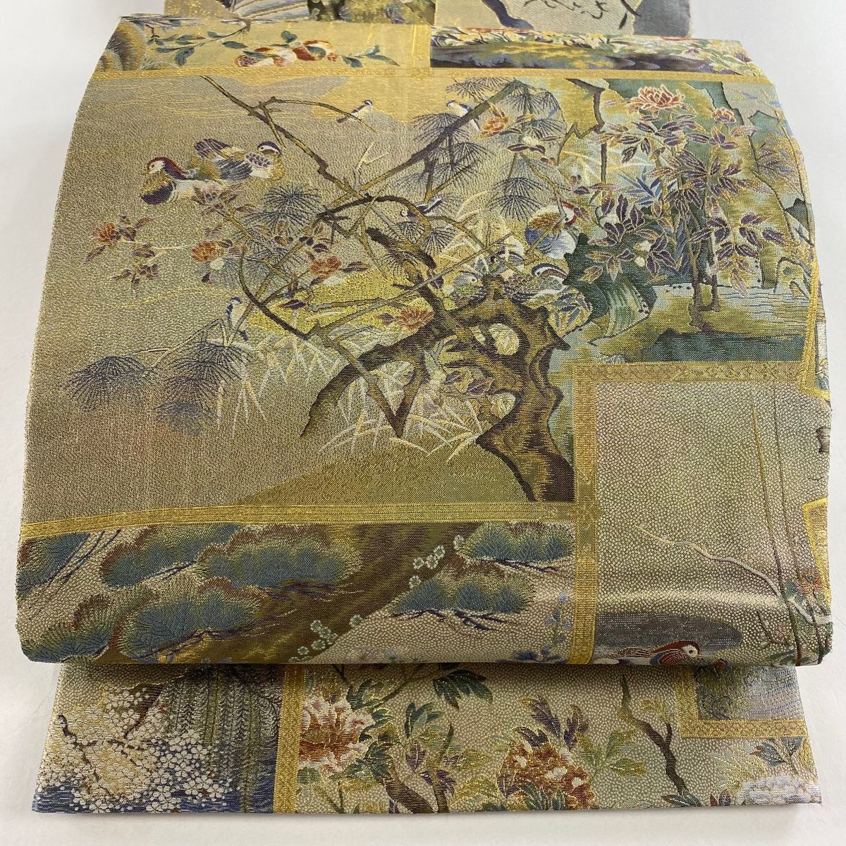 丸帯 名品 日本屏風絵大観 草花 鳥 箔 金色 お太鼓柄 正絹