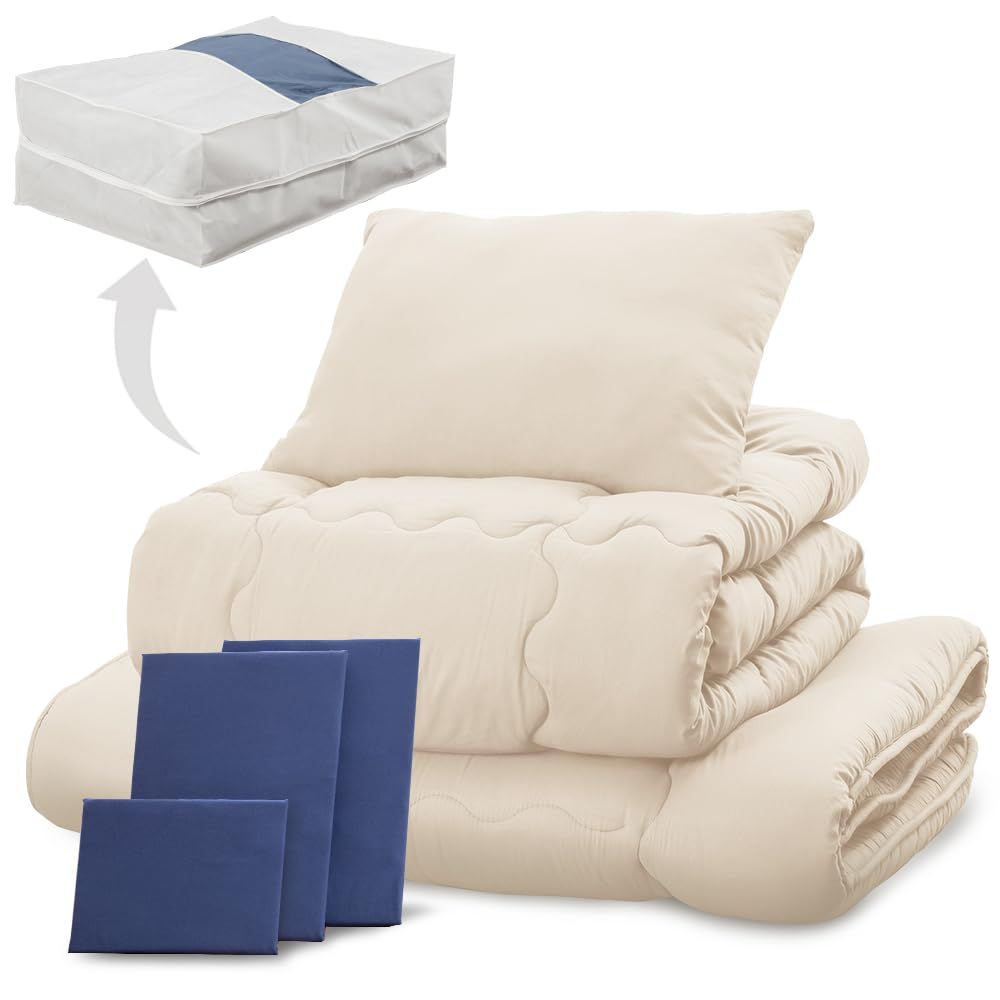 送料無料 アイリスプラザ すぐ使える布団7点セット セミダブル 抗菌防臭 すっきり収納ケース付き しっとりなめらかピーチスキン加工 掛け布団 敷布団 枕 各カバー付き ネイビー