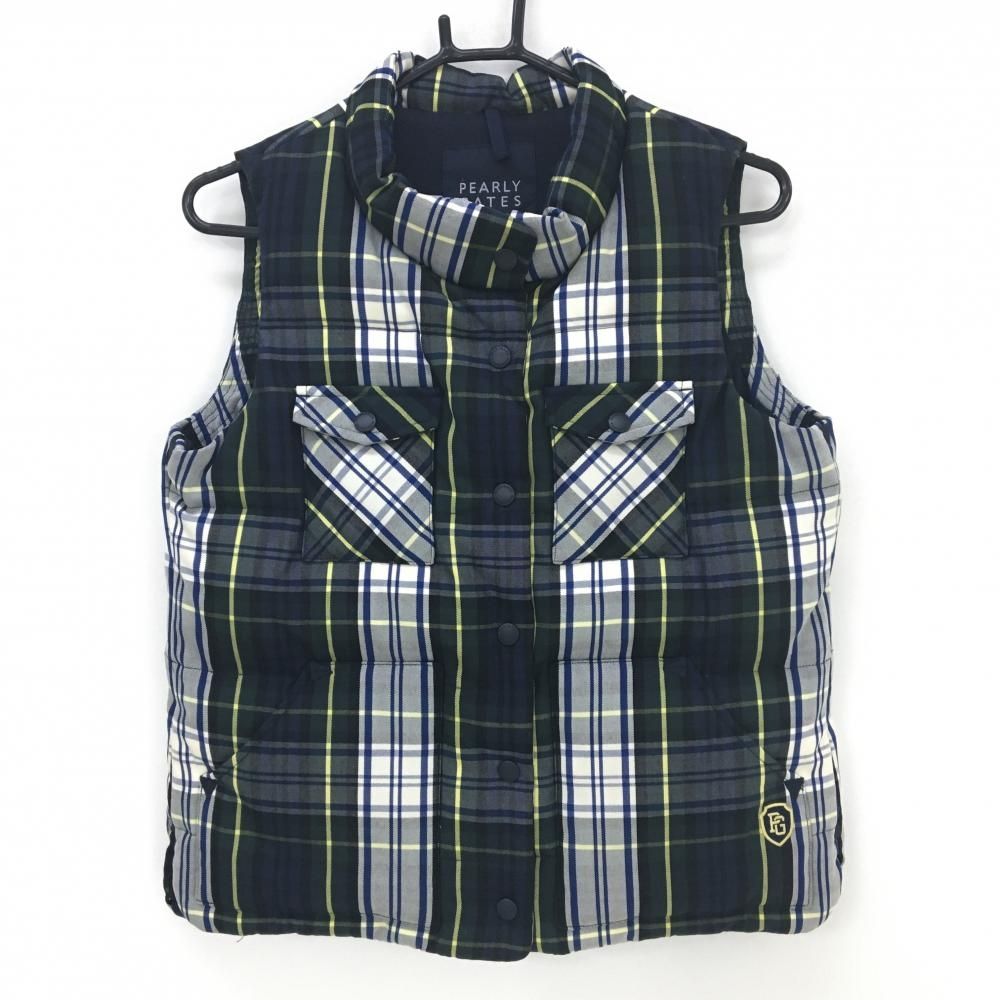 パーリーゲイツ ダウンベスト グリーン×ネイビー×イエロー チェック レディース 1 M ゴルフウェア PEARLY GATES