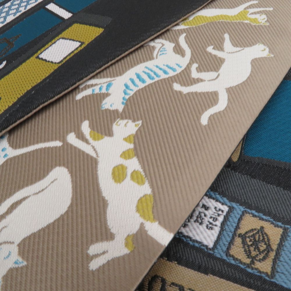 半幅帯 リバーシブル WA KKA NICO わっか ポリエステル 猫の古本屋 黒x青x茶色 ワッカ 半巾帯 長さ420cm