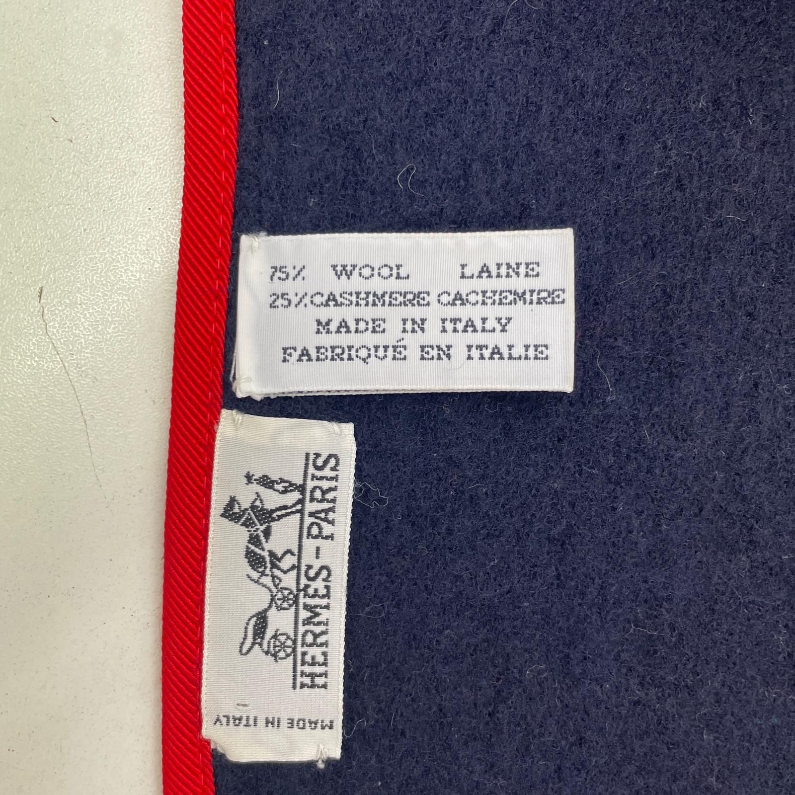 エルメス カシミヤ チェック フリンジ マフラー ネイビー 紺 秋 冬 防寒 ストール メンズ レディース RUE CU 20-8