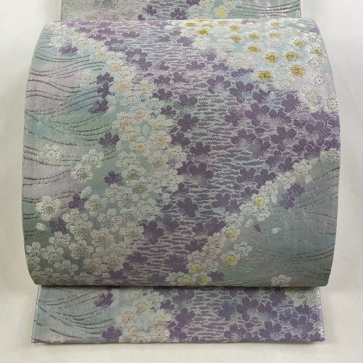 袋帯 秀品 桜 波 金銀糸 箔 薄紫 六通 正絹