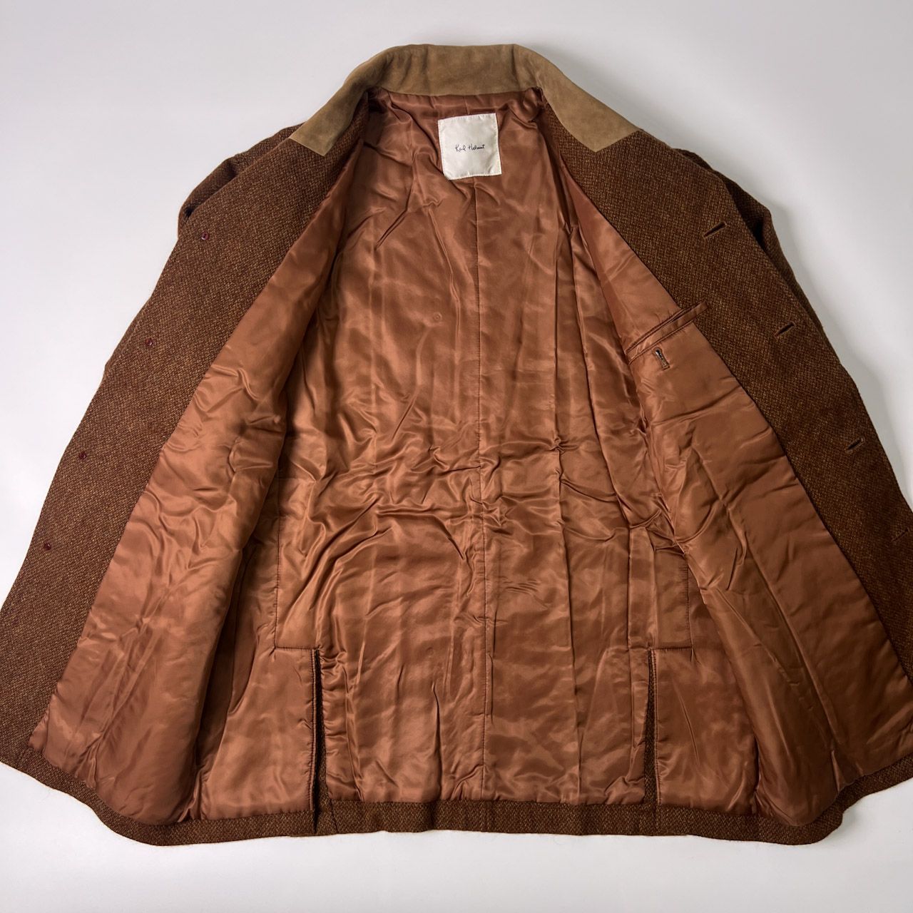 Karl Helmut カールヘルム ツイード ラムレザー切替 カバーオール ジャケット オレンジベージュ Karl Helmut カールヘルム ツイード ラムレザー切替 カバーオール