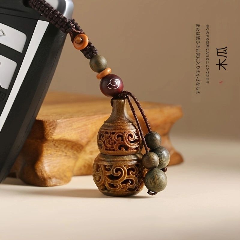 1個の緑檀木中空瓢箪キーホルダー 編組ロープ付き - 男性用手作り木製車のキーペンダントアクセサリー