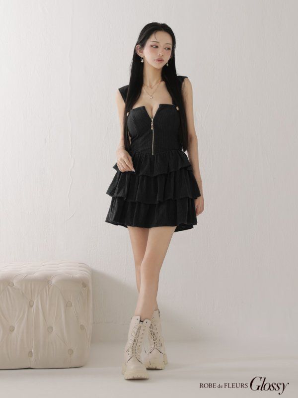 ブラック GL4621-IVxB-2509 XSサイズあり ROBE de FLEURS Glossy ローブドフルール グロッシー 2way フーディー バストジップ ティアード フ ミニドレス キャバドレス